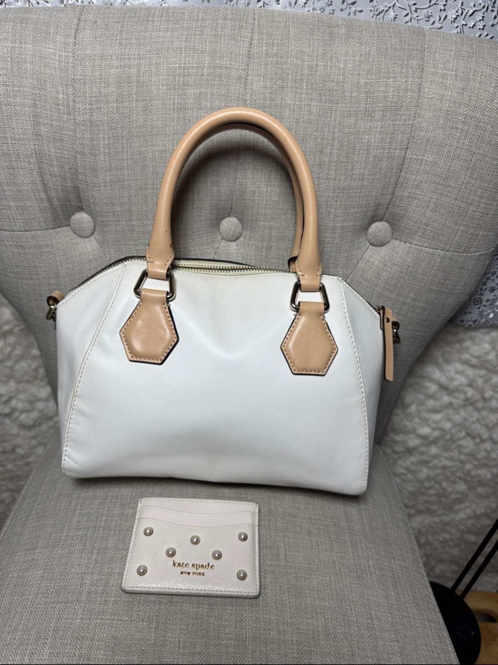 kate spade White & Tan Leather Satchel with Matching Card Case - Picture 2 of 7